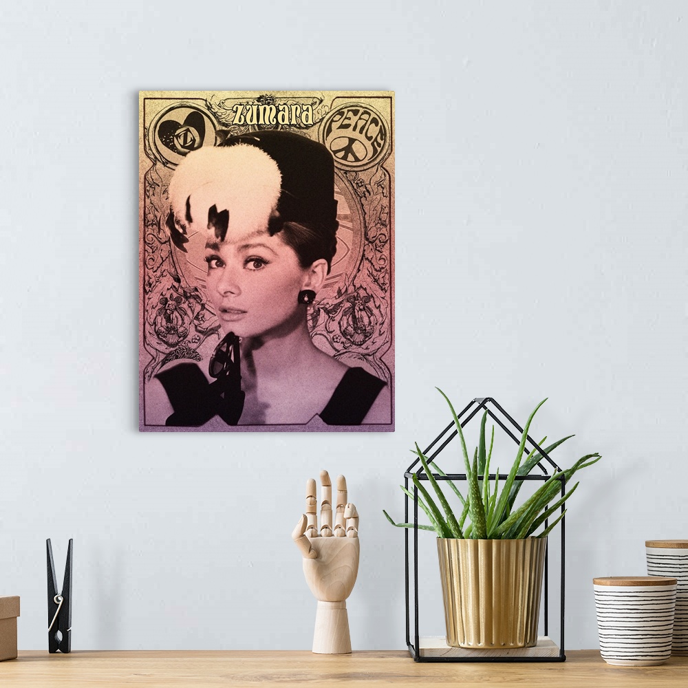 A bohemian room featuring Audrey Hepburn Peace Poster