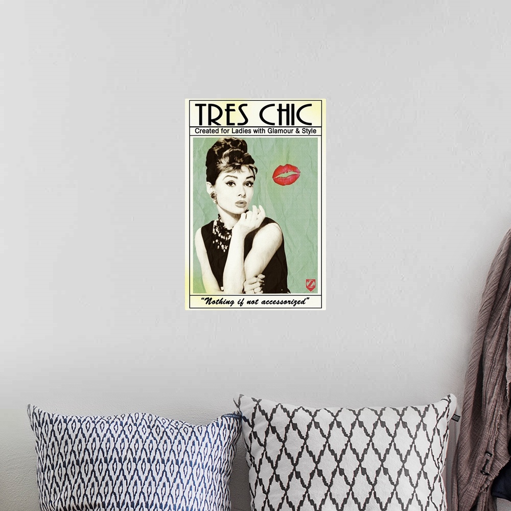A bohemian room featuring Vintage poster print of British actress and humanitarian that is recognized as a film and fashion...
