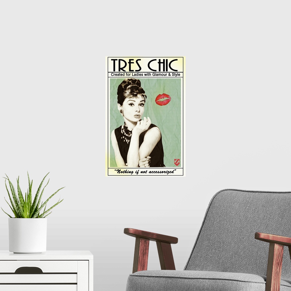 A modern room featuring Vintage poster print of British actress and humanitarian that is recognized as a film and fashion...