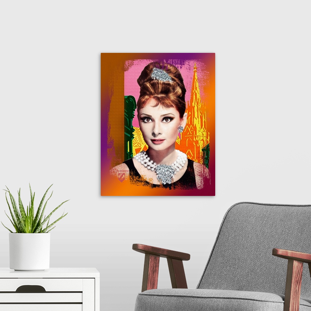 A modern room featuring Portrait artwork on a large wall hanging of a bust image of Audrey Hepburn wearing a large, jewel...