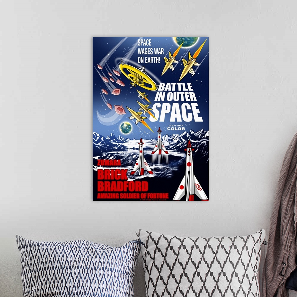 A bohemian room featuring Battle in Outer Space 1 Sci Fi Movie Poster