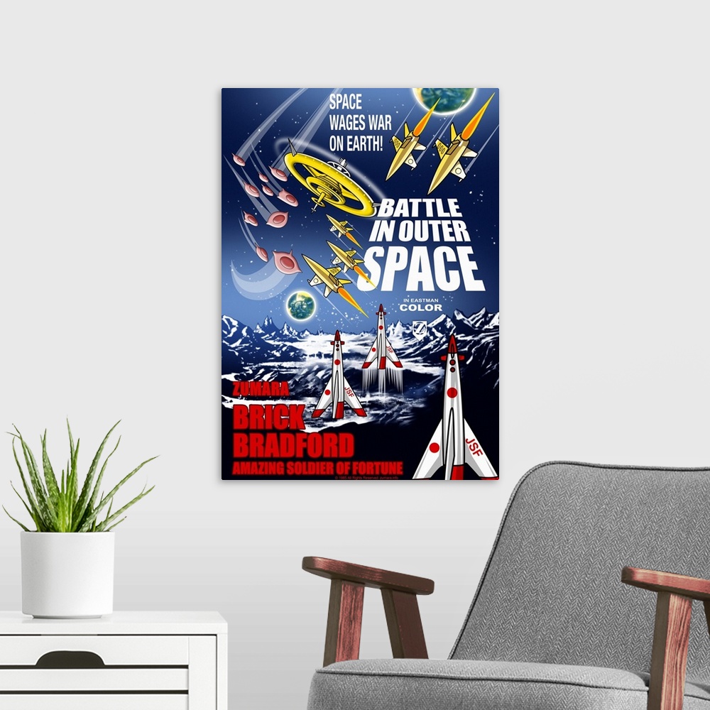 A modern room featuring Battle in Outer Space 1 Sci Fi Movie Poster