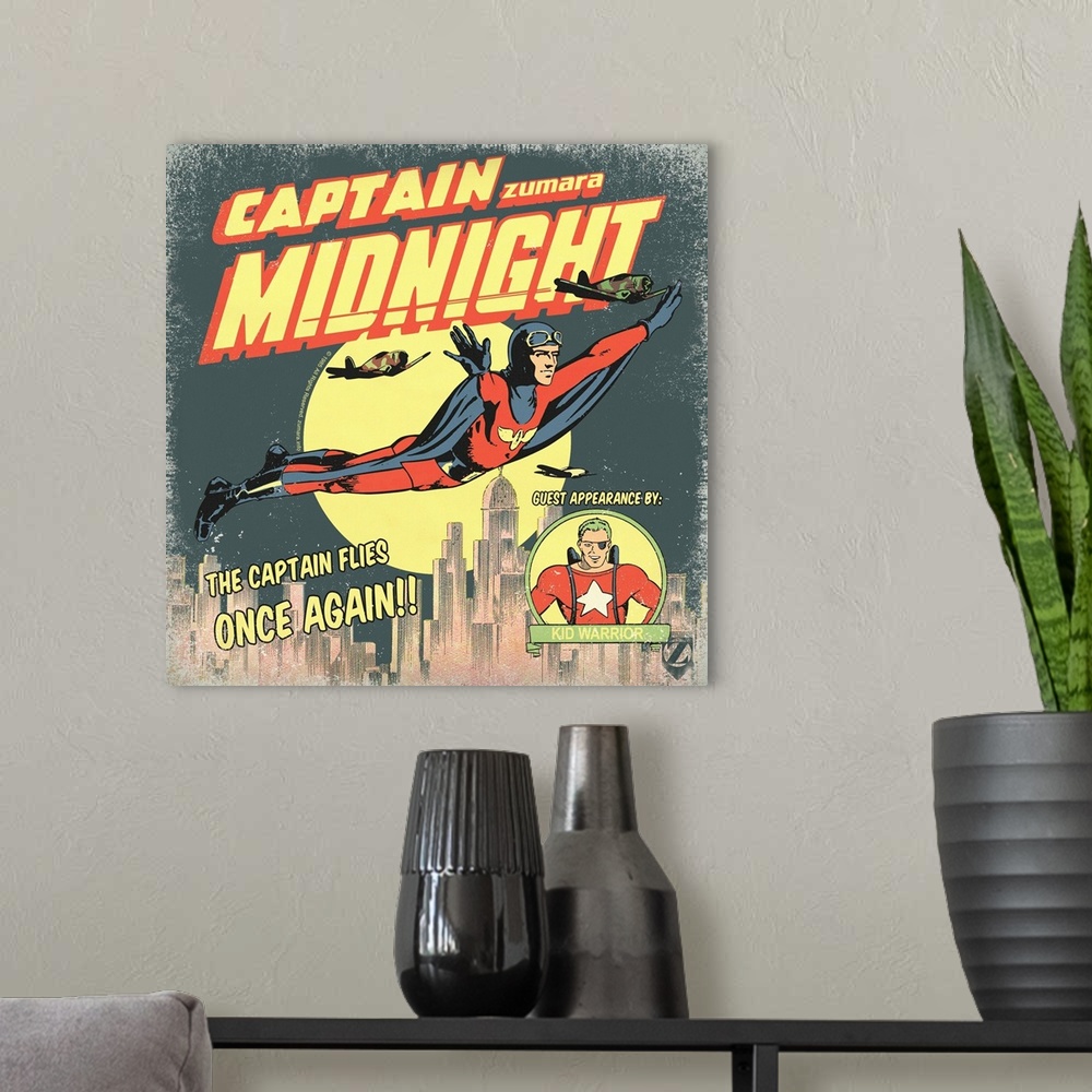 A modern room featuring Captain Midnight & Kid Warrior