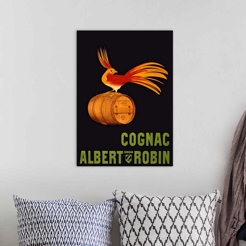 A bohemian room featuring Large vertical vintage advertisement for Albert Robin Cognac, with a bright bird with long plumag...