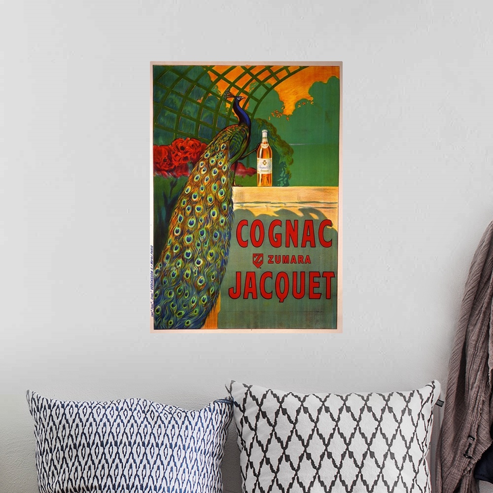 A bohemian room featuring A vintage style poster of a peacock standing under a trellis with its foot perched on a bottle of...