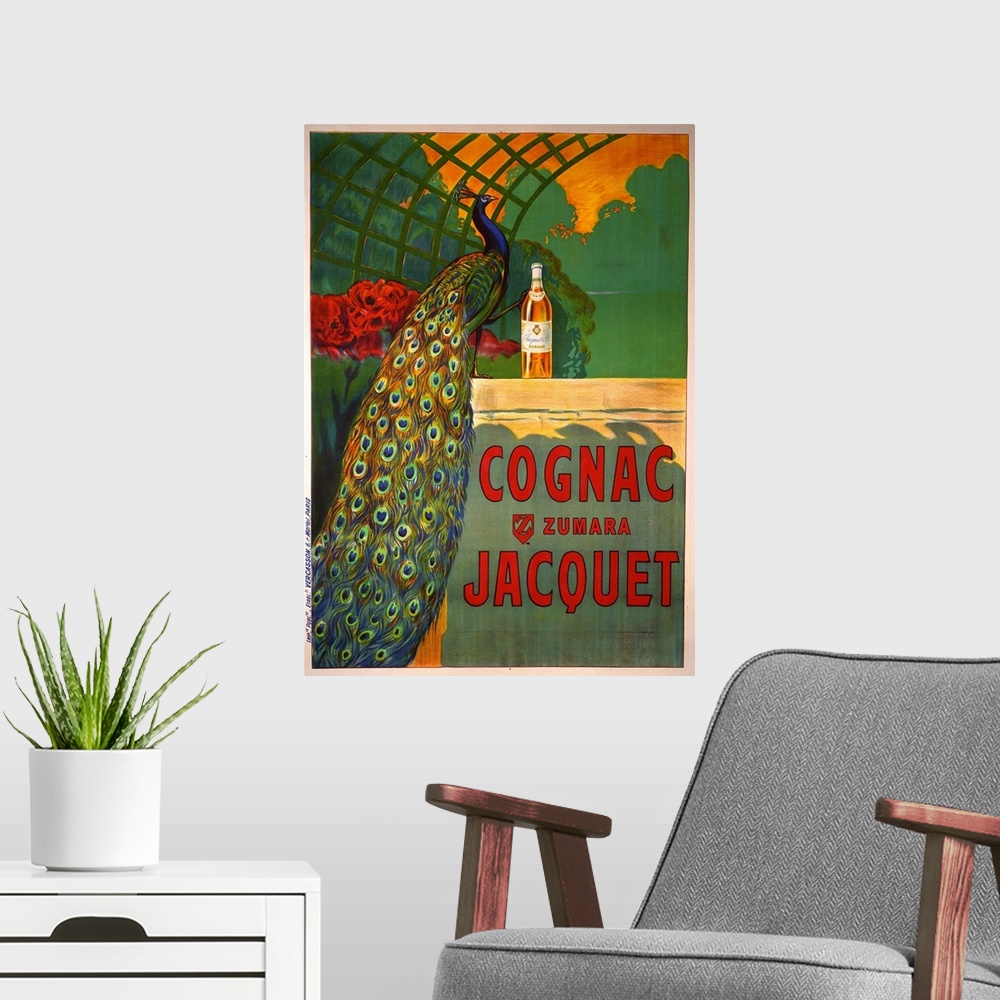 A modern room featuring A vintage style poster of a peacock standing under a trellis with its foot perched on a bottle of...