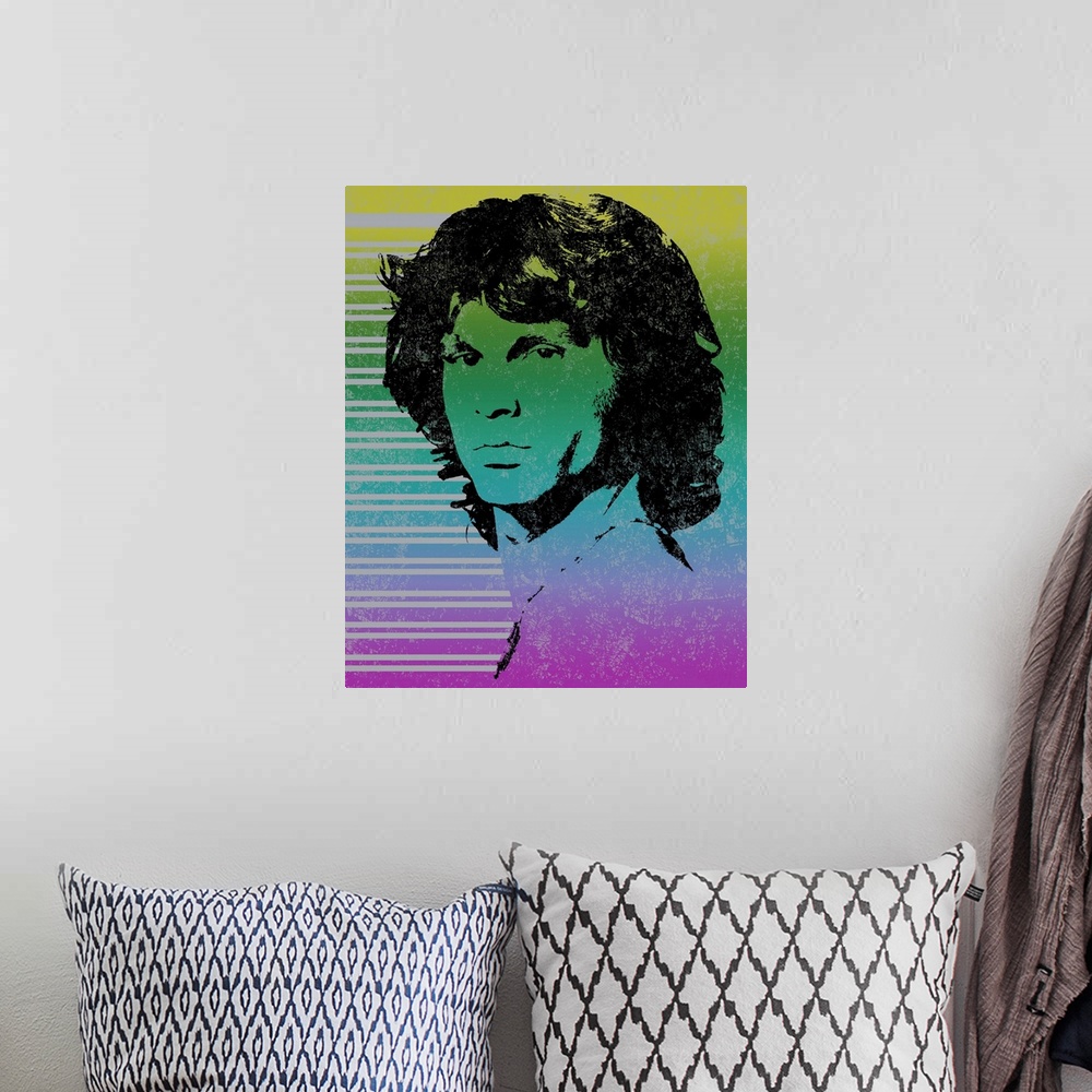 A bohemian room featuring Colorful illustration of Jim Morrison with gray lines running horizontally on the side.