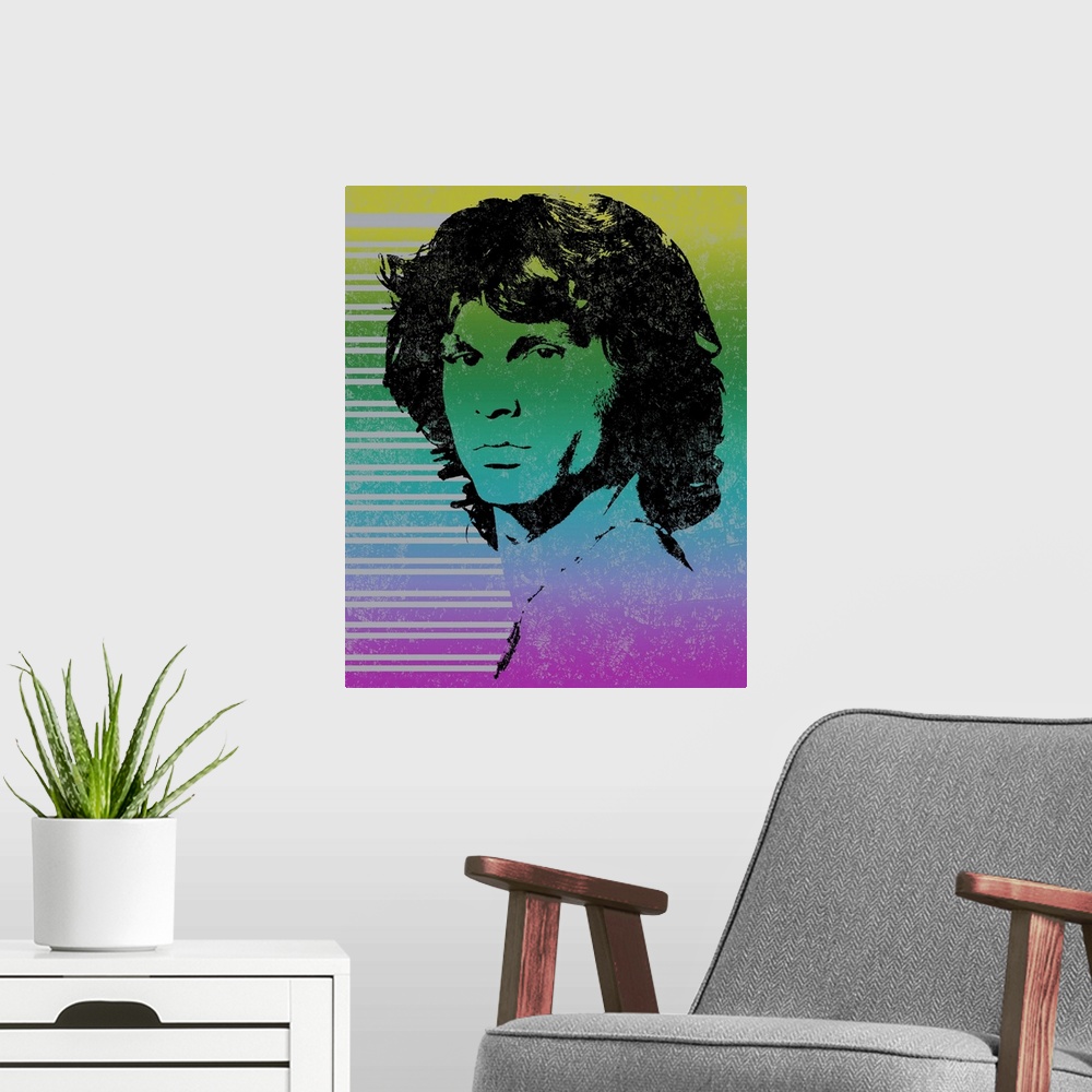A modern room featuring Colorful illustration of Jim Morrison with gray lines running horizontally on the side.