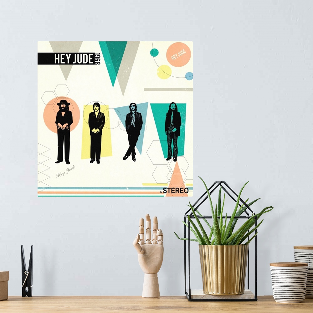 A bohemian room featuring Square 'Hey Jude' album advertisement with geometric illustrations.