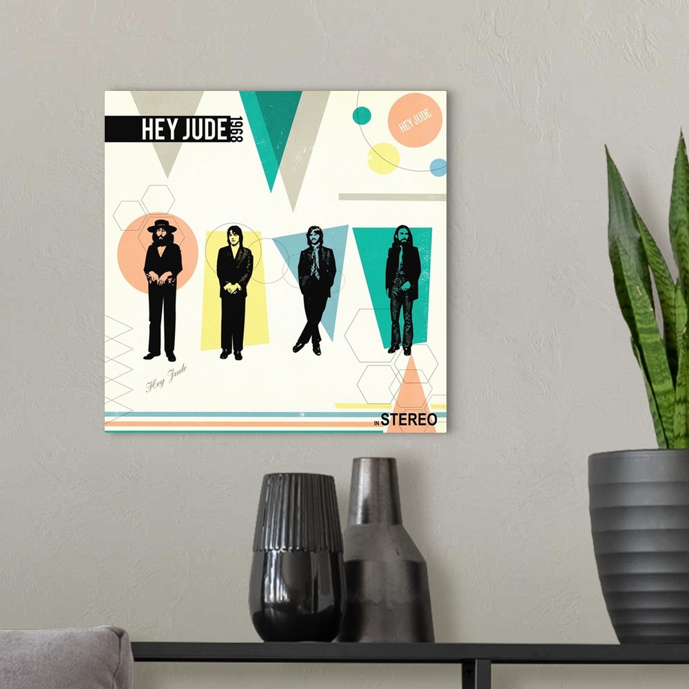 A modern room featuring Square 'Hey Jude' album advertisement with geometric illustrations.