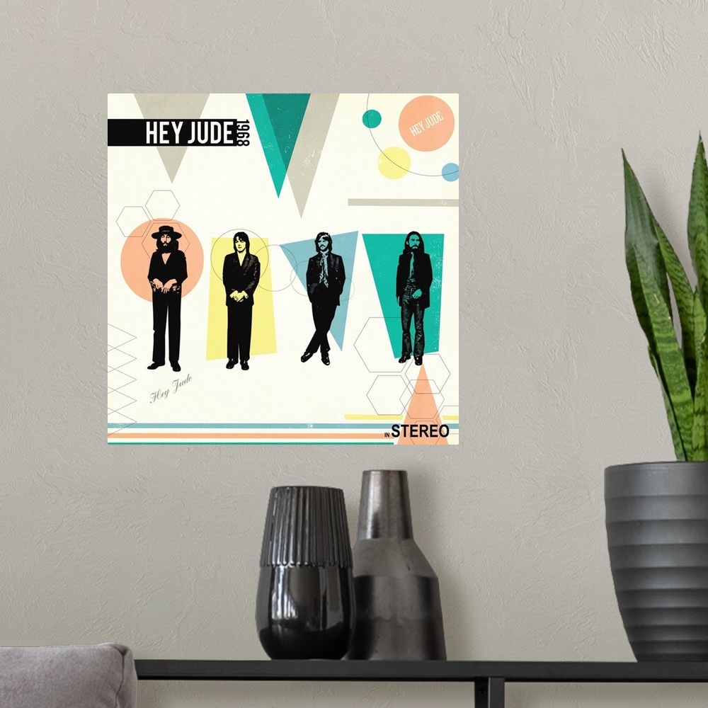 A modern room featuring Square 'Hey Jude' album advertisement with geometric illustrations.
