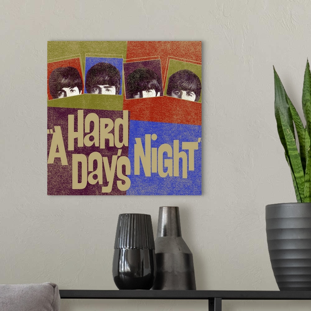 A modern room featuring Square "A Hard Day's Night" poster.