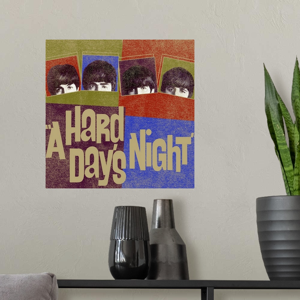 A modern room featuring Square "A Hard Day's Night" poster.