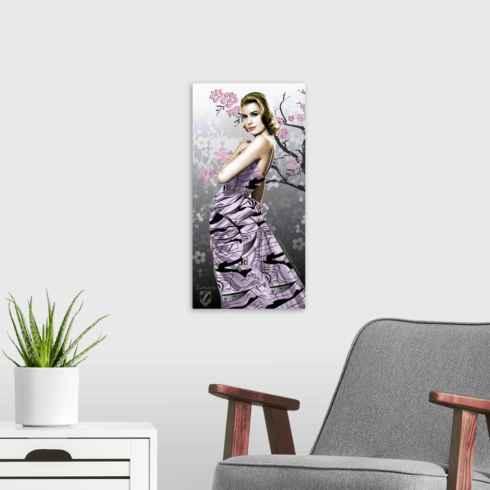A modern room featuring Grace Kelly Purple Gown Pink Flowers