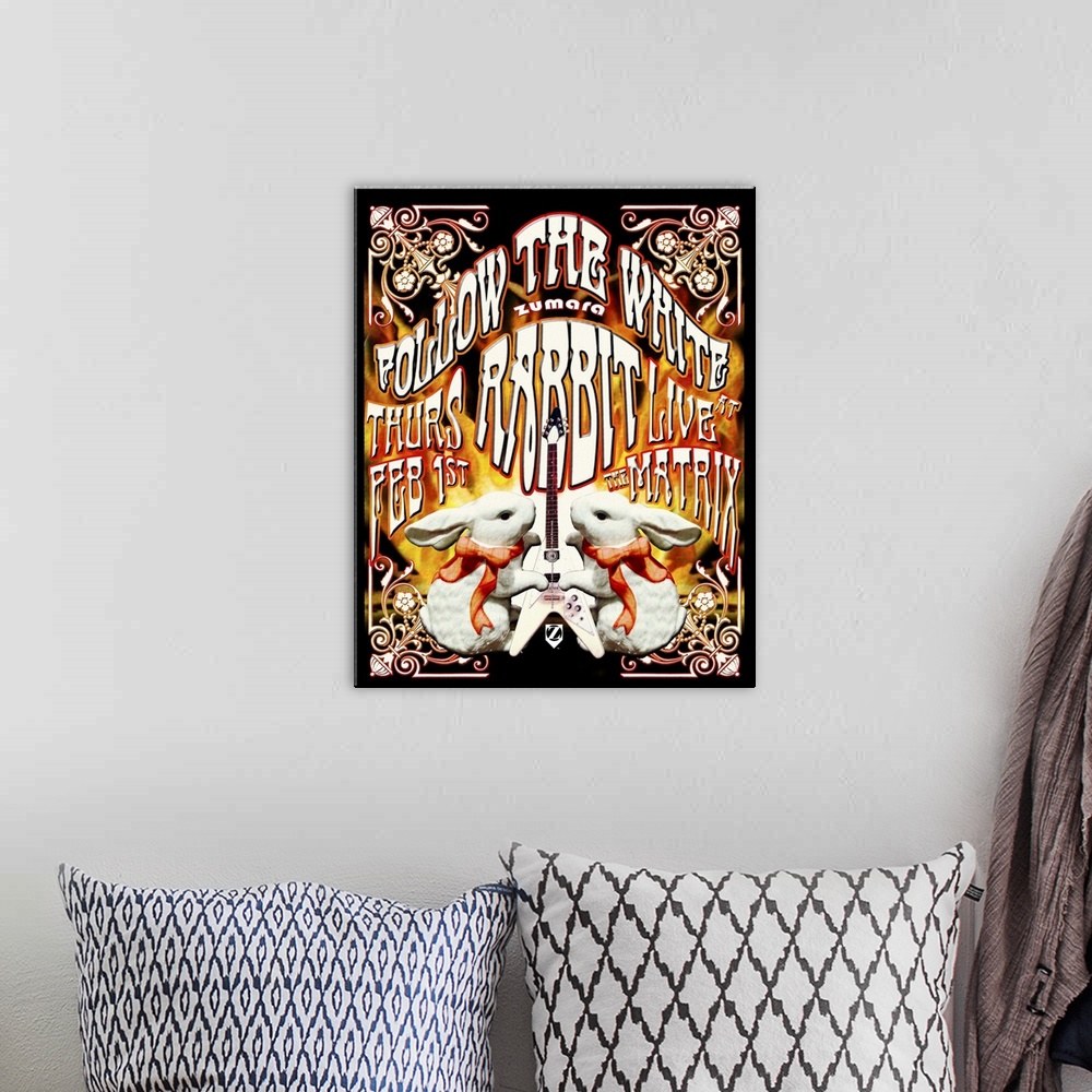A bohemian room featuring Jefferson Airplane White Rabbit Poster
