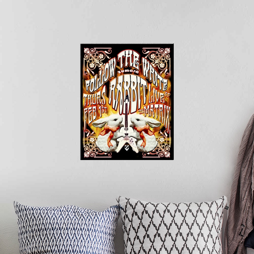 A bohemian room featuring Jefferson Airplane White Rabbit Poster