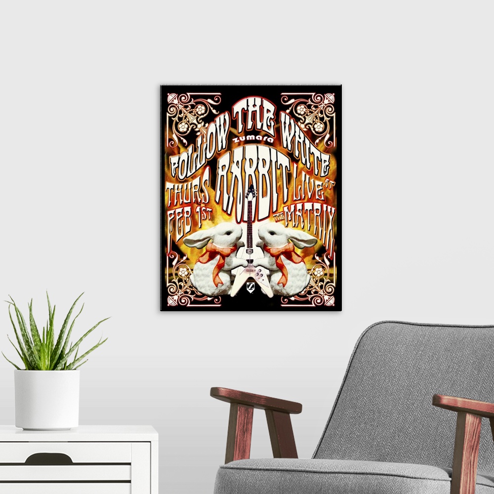 A modern room featuring Jefferson Airplane White Rabbit Poster