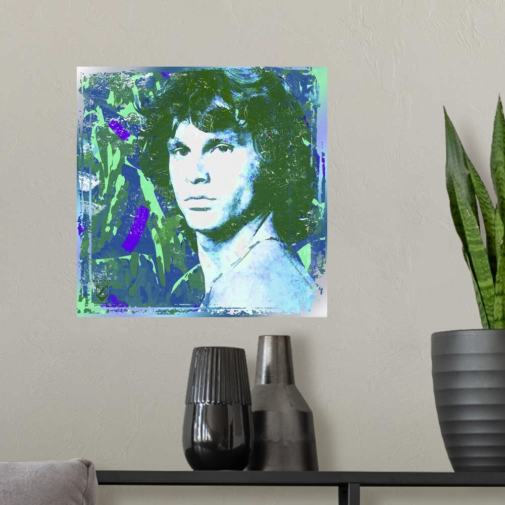 A modern room featuring Jim Morrison Blue and Green Splatters