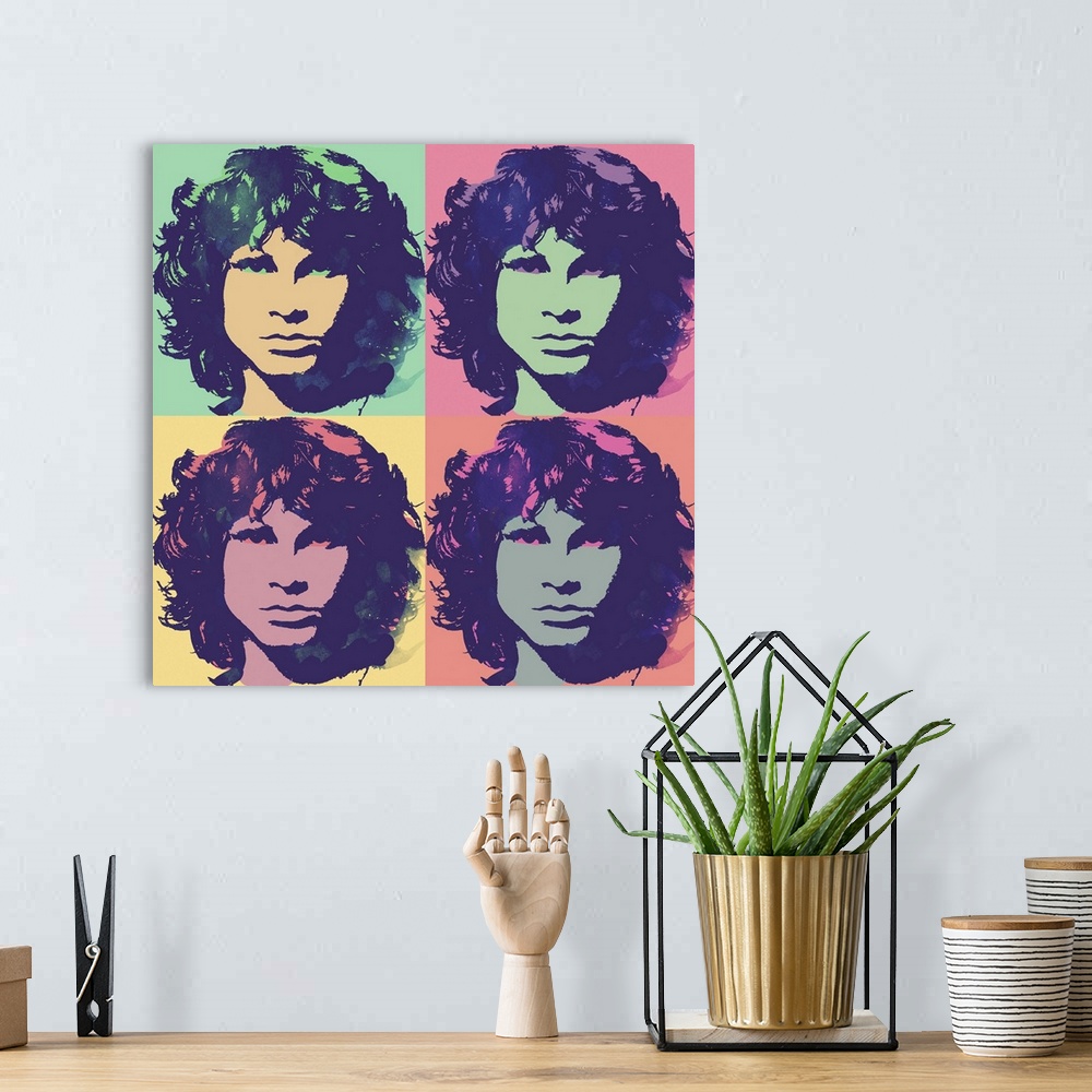 A bohemian room featuring Pop art style illustration of Jim Morrison in 4 blocks and pale hues.