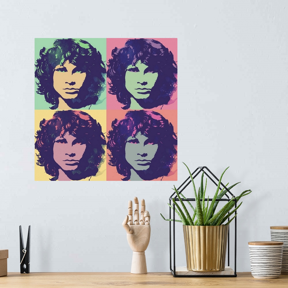 A bohemian room featuring Pop art style illustration of Jim Morrison in 4 blocks and pale hues.