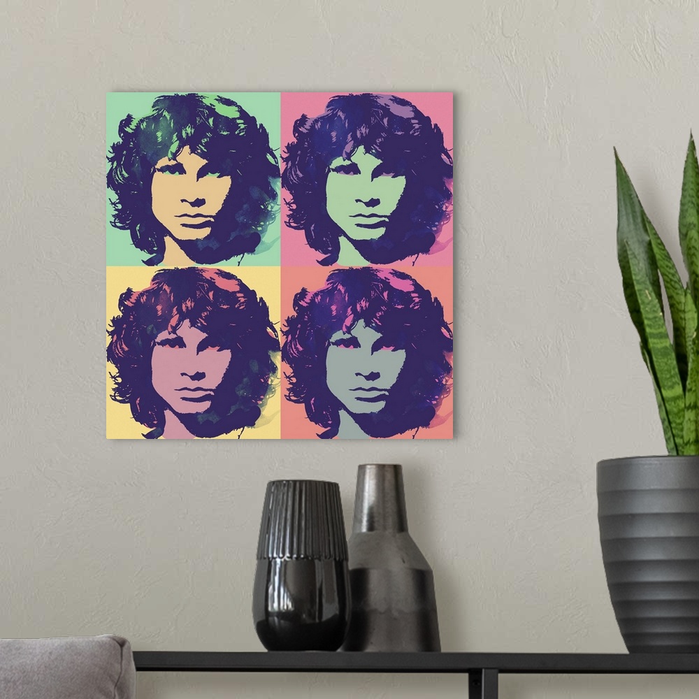 A modern room featuring Pop art style illustration of Jim Morrison in 4 blocks and pale hues.