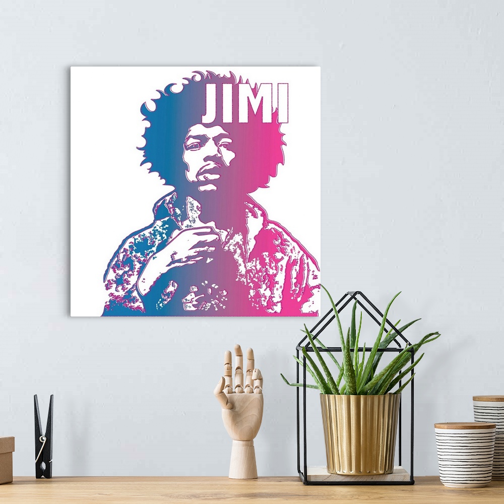 A bohemian room featuring Blue and pink illustration of Jimi Hendrix with bright pink outlines and 'Jimi' written at the top.