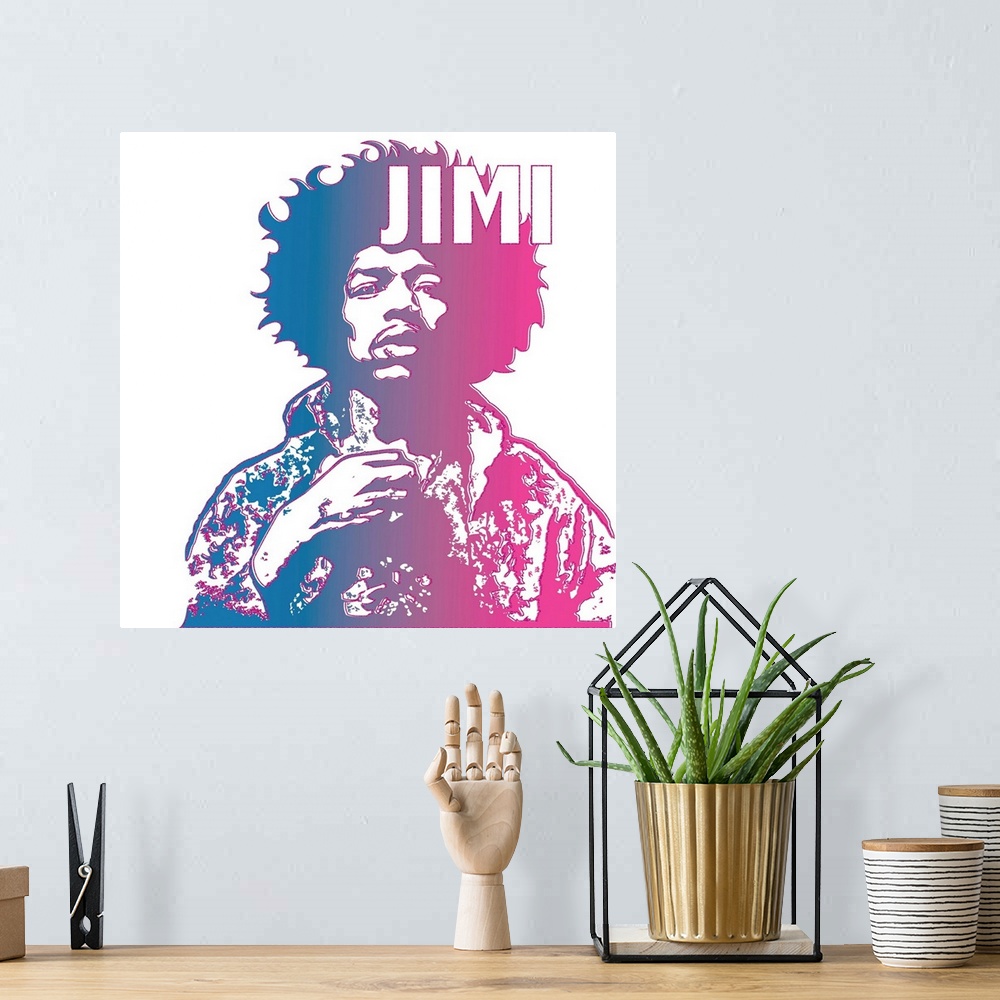 A bohemian room featuring Blue and pink illustration of Jimi Hendrix with bright pink outlines and 'Jimi' written at the top.