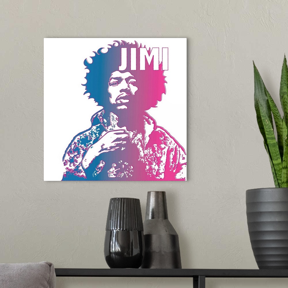 A modern room featuring Blue and pink illustration of Jimi Hendrix with bright pink outlines and 'Jimi' written at the top.