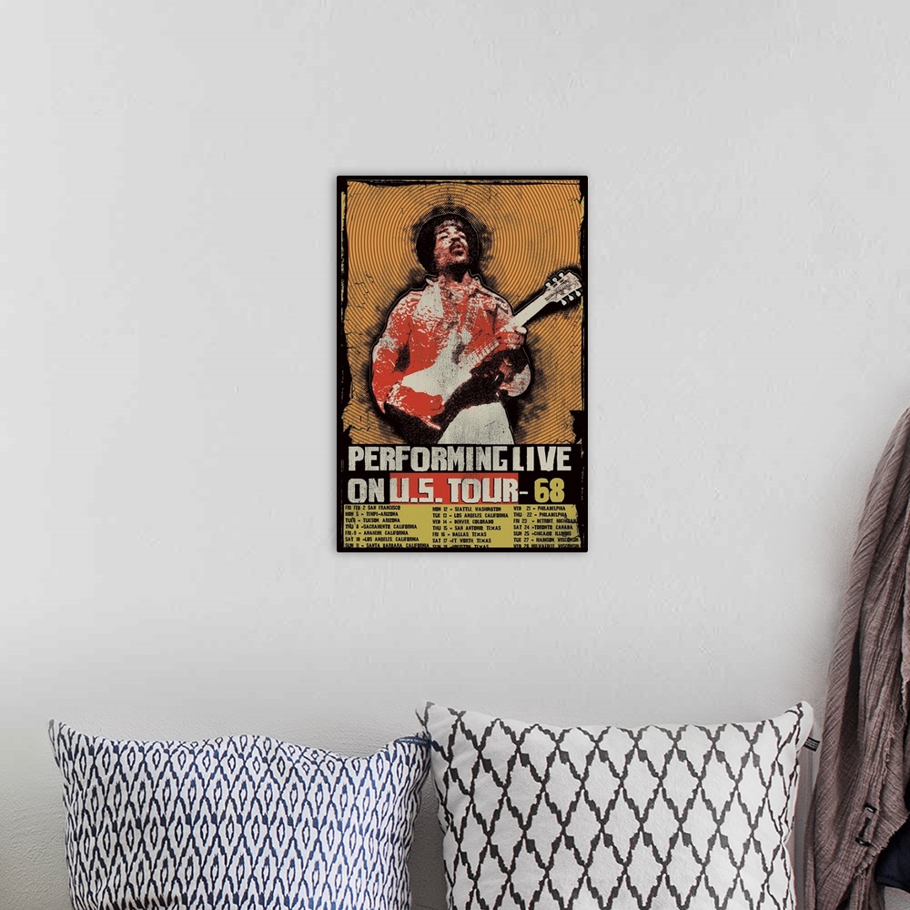 A bohemian room featuring Jimi Hendrix Live Tour Poster for the United States in 1968 with all of the cities and dates list...