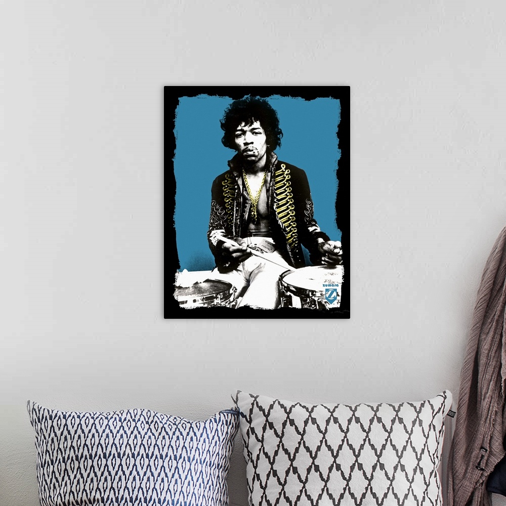 A bohemian room featuring Jimi Hendrix Blue Drums