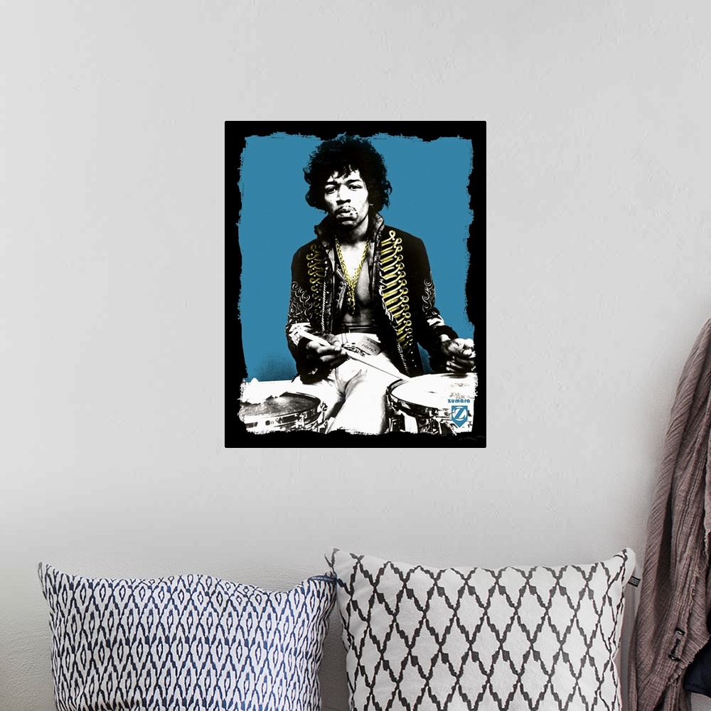 A bohemian room featuring Jimi Hendrix Blue Drums