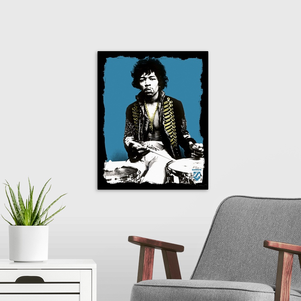 A modern room featuring Jimi Hendrix Blue Drums