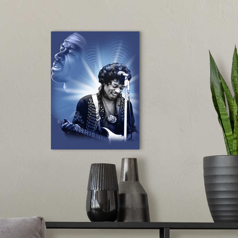 A modern room featuring Jimi Hendrix Blue Spark