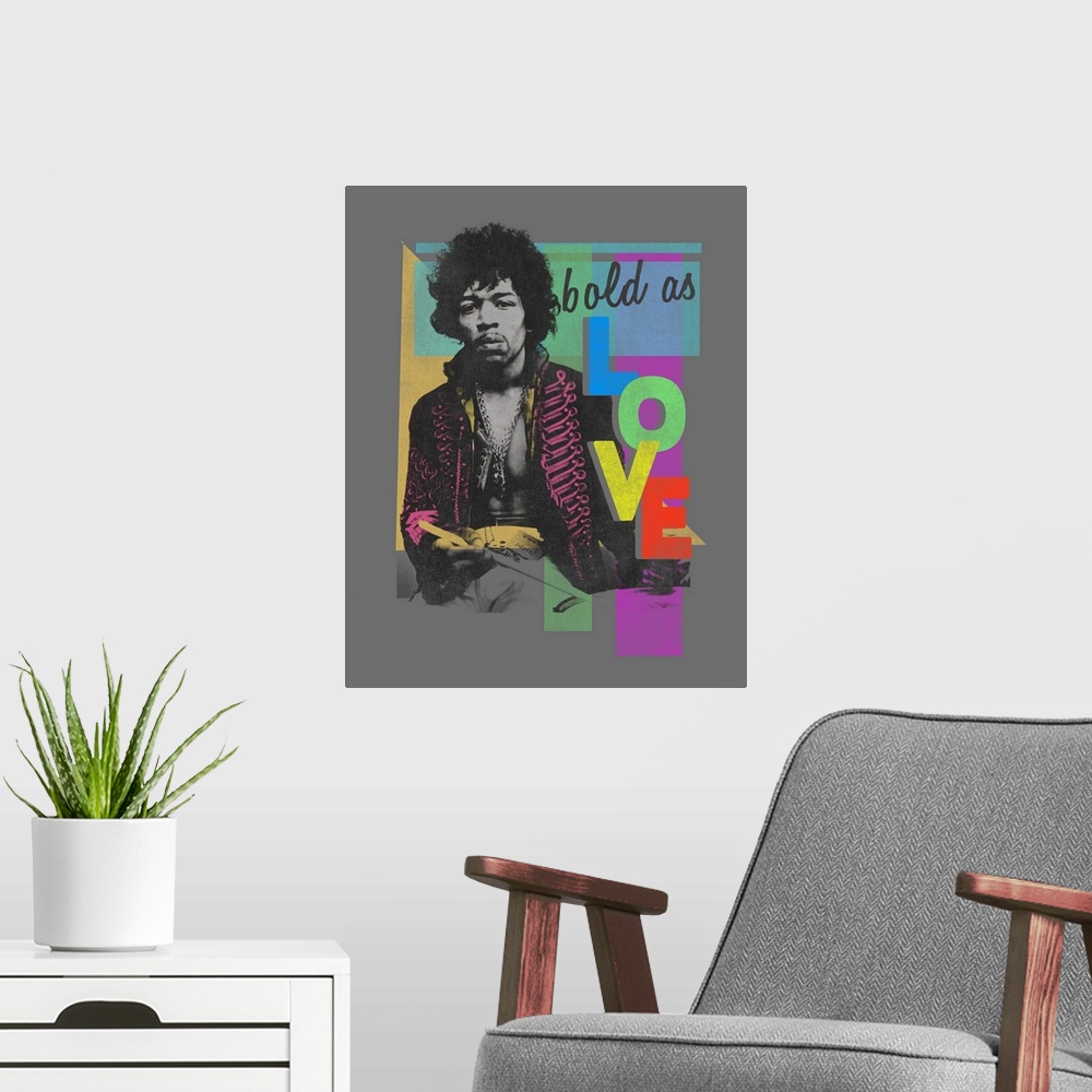 A modern room featuring Jimi Hendrix, Bold as Love poster