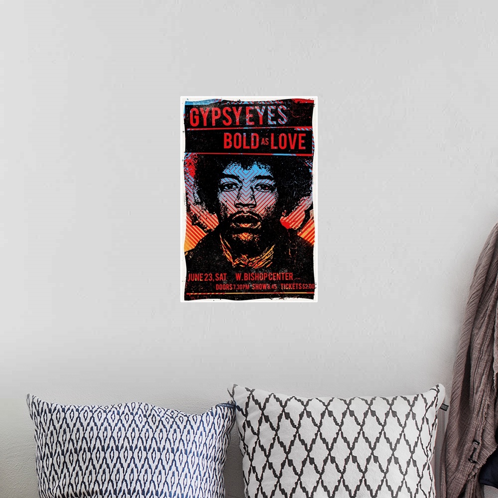 A bohemian room featuring Gypsy Eyes Jimi Hendrix tour poster for Bishop Center. Tickets: $2.00