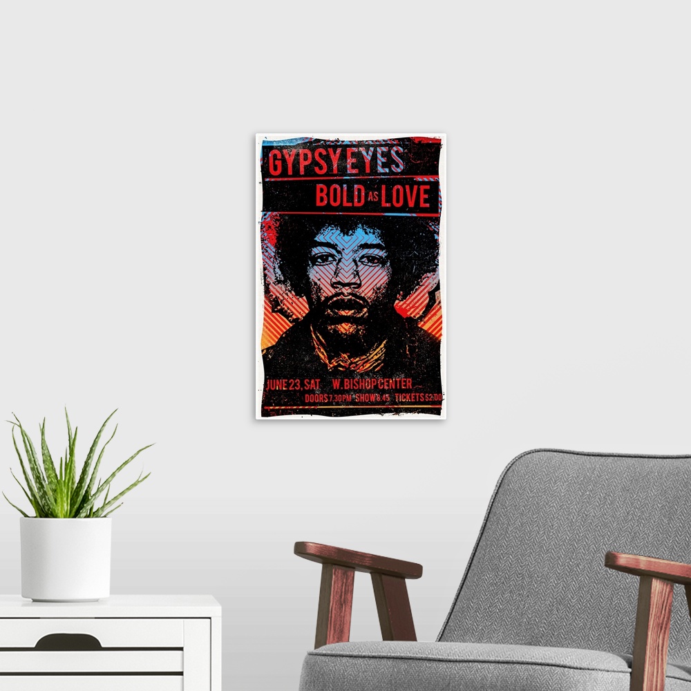 A modern room featuring Gypsy Eyes Jimi Hendrix tour poster for Bishop Center. Tickets: $2.00
