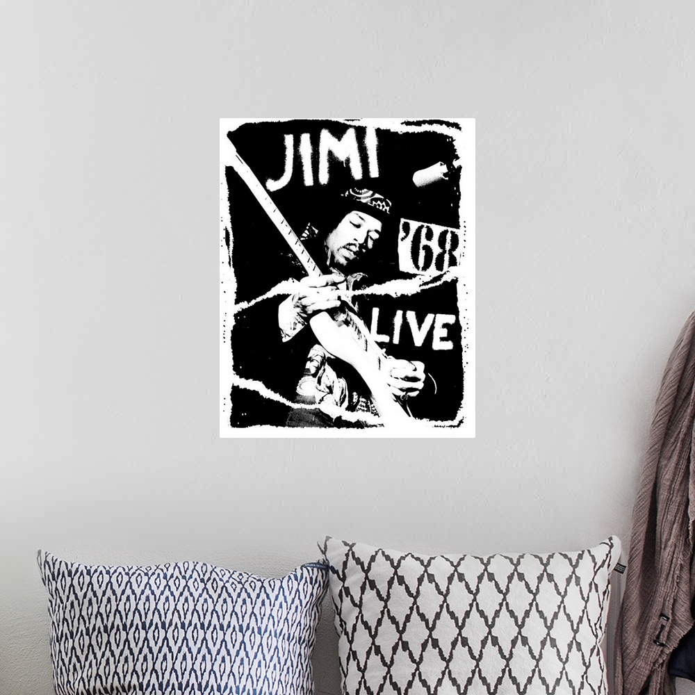 A bohemian room featuring Black and white Jimi Hendrix Live Poster from 1968.