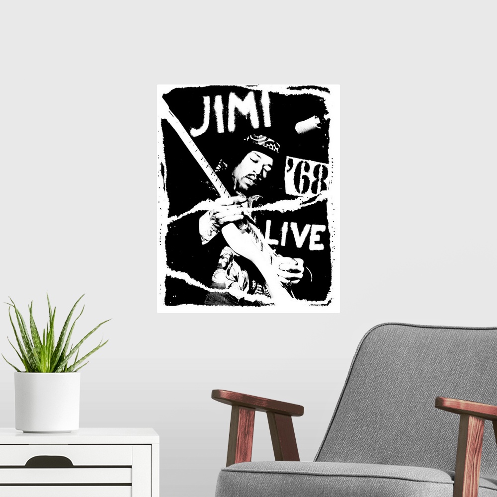 A modern room featuring Black and white Jimi Hendrix Live Poster from 1968.