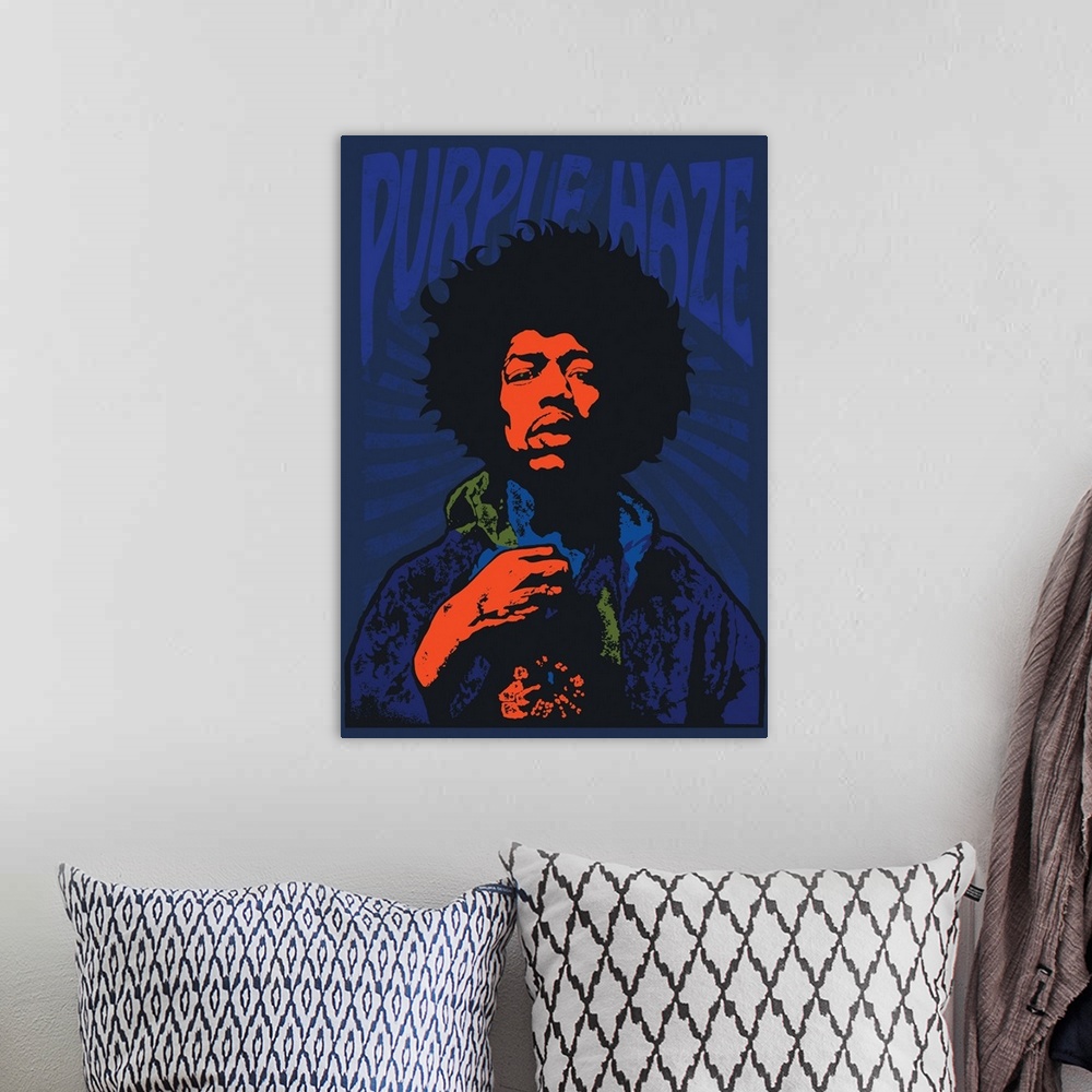 A bohemian room featuring Illustrated Jimi Hendrix Purple Haze poster.