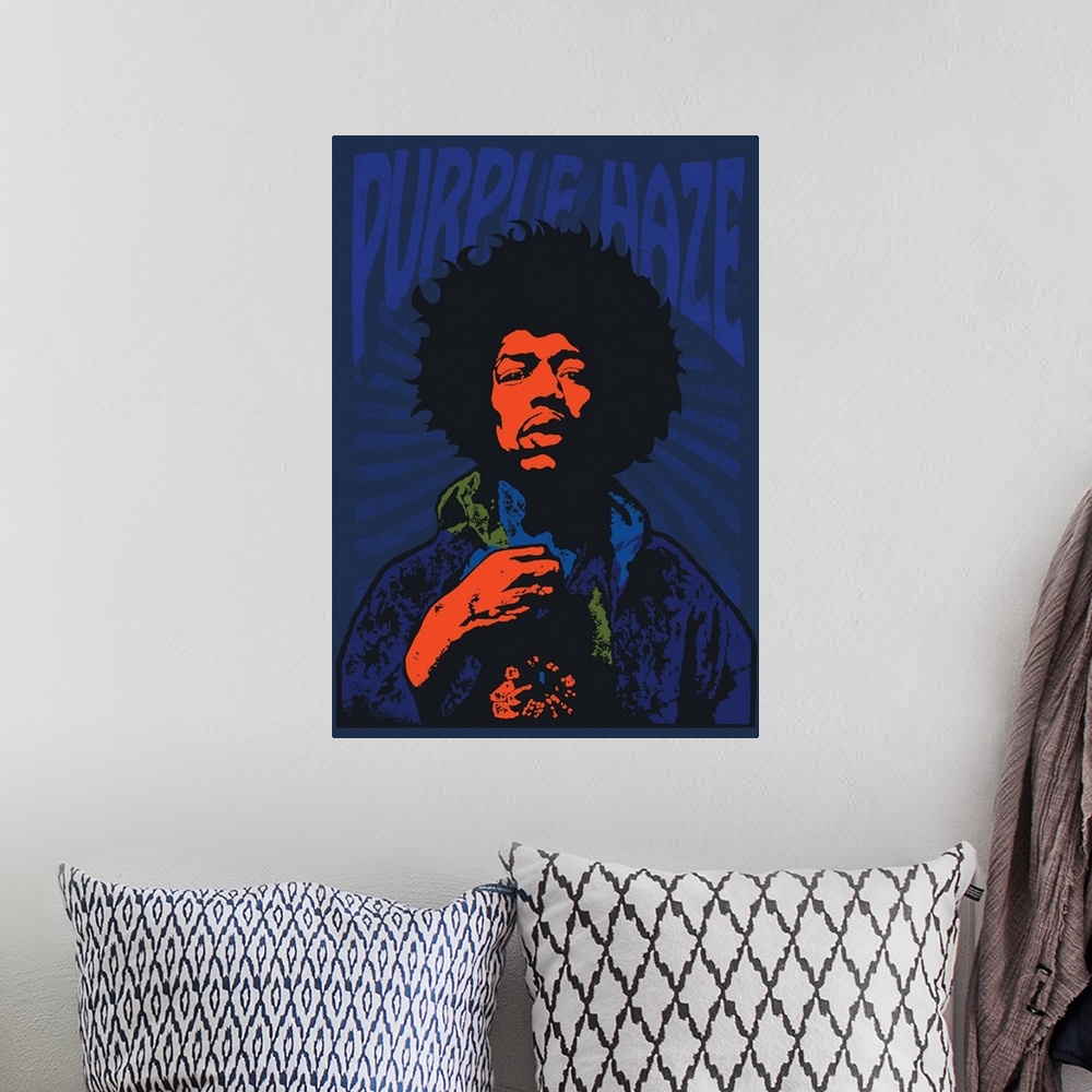 A bohemian room featuring Illustrated Jimi Hendrix Purple Haze poster.