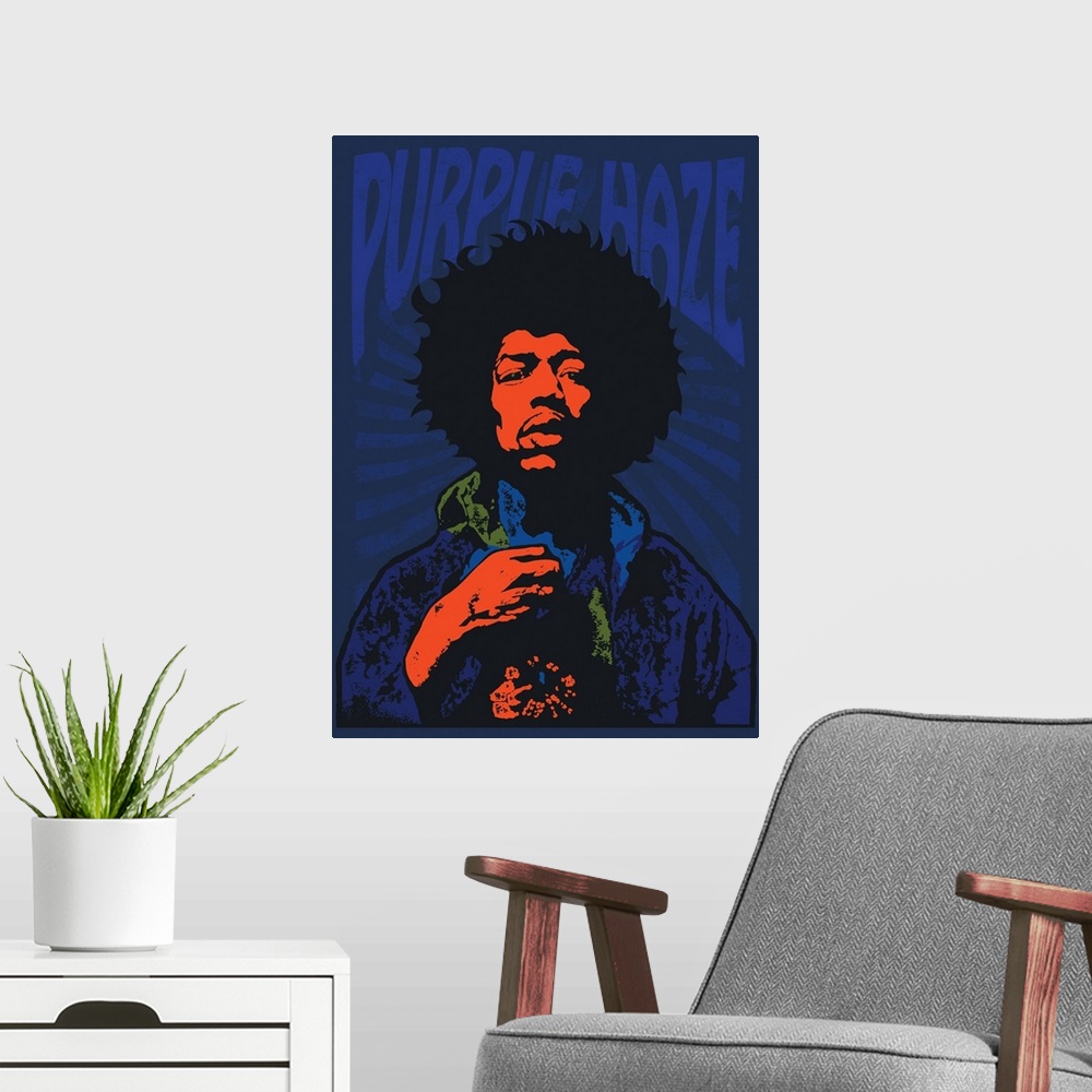 A modern room featuring Illustrated Jimi Hendrix Purple Haze poster.