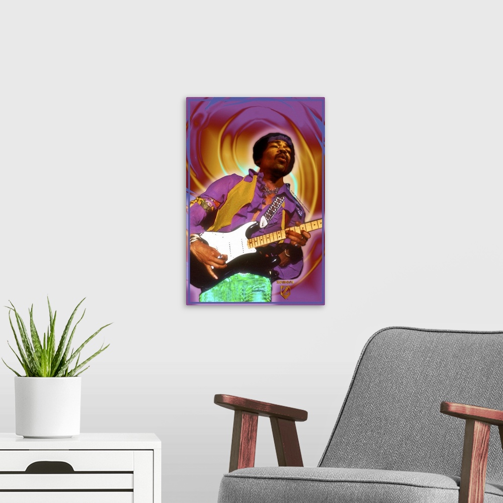 A modern room featuring Jimi Hendrix Purple Swirl