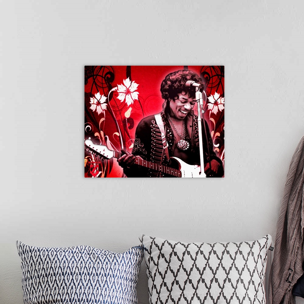 A bohemian room featuring Horizontal artwork on a large wall hanging of Jimi Hendrix smiling as he looks down at his guitar...