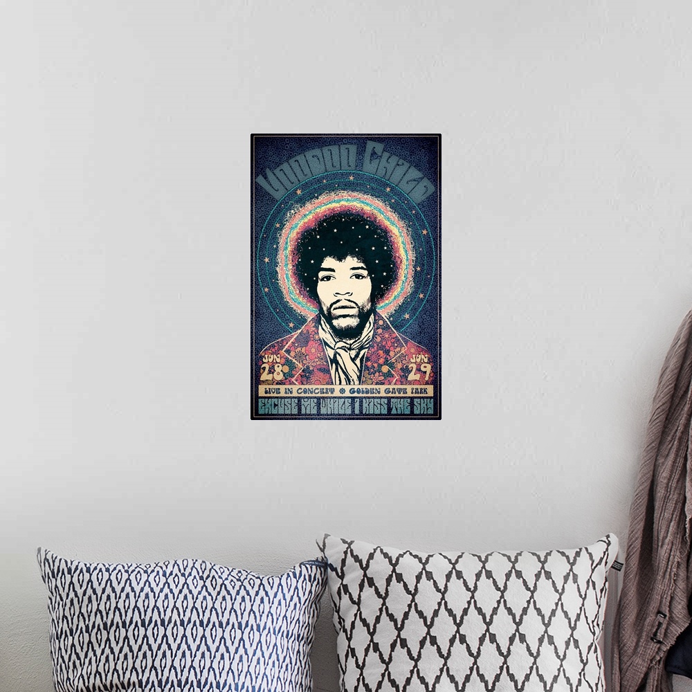 A bohemian room featuring Jimi Hendrix Voodoo Child Tour poster for Golden Gate Park.
