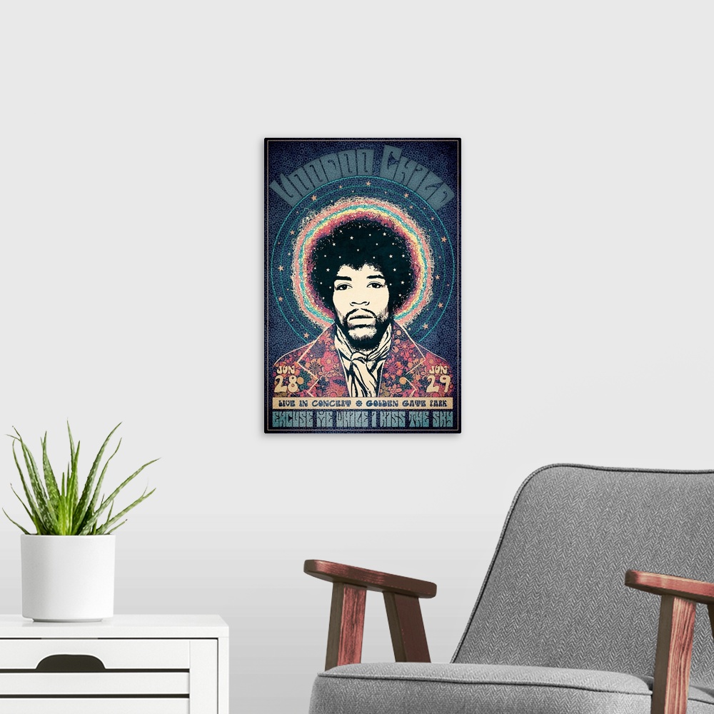 A modern room featuring Jimi Hendrix Voodoo Child Tour poster for Golden Gate Park.