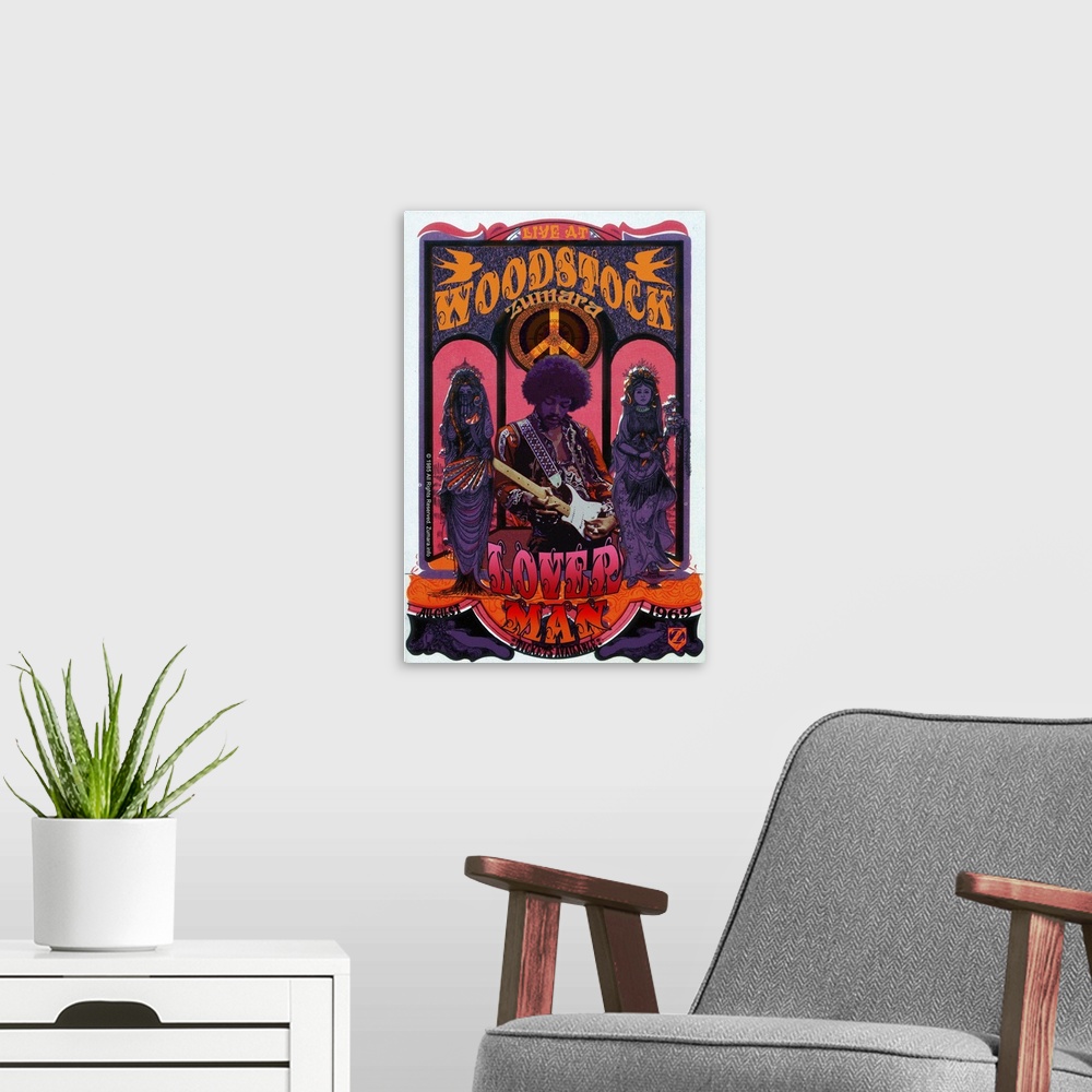 A modern room featuring Jimi Hendrix Woodstock Lover Man