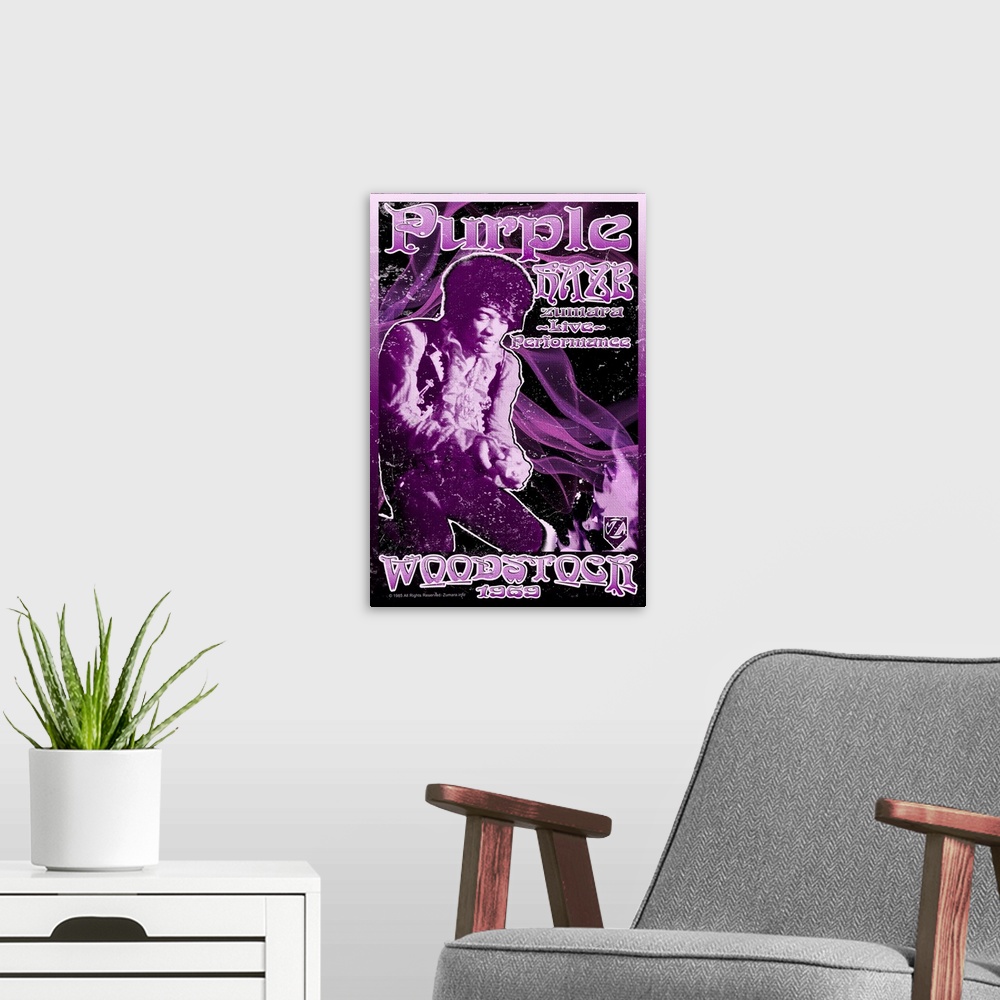 A modern room featuring Jimi Hendrix Woodstock Purple Haze3