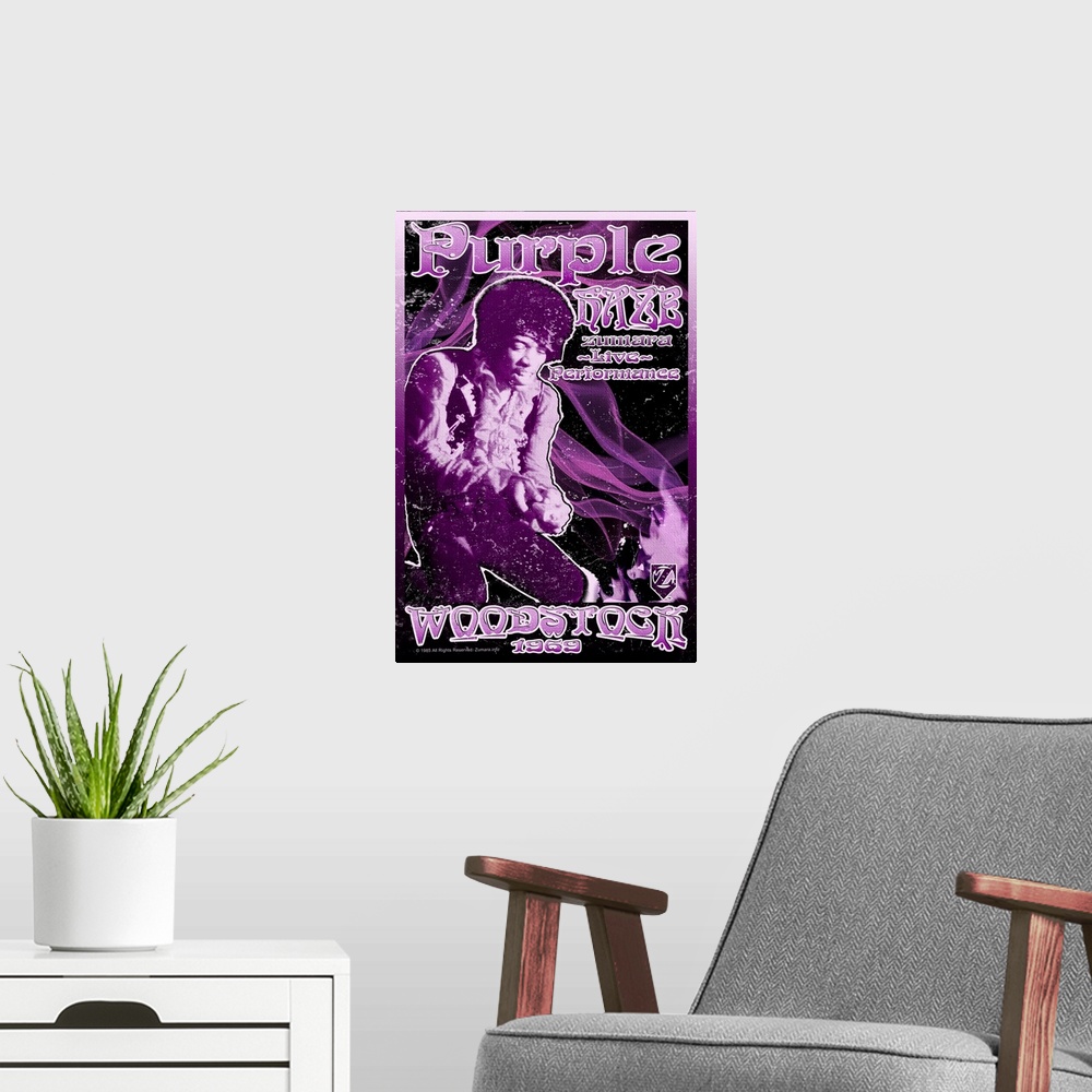 A modern room featuring Jimi Hendrix Woodstock Purple Haze3