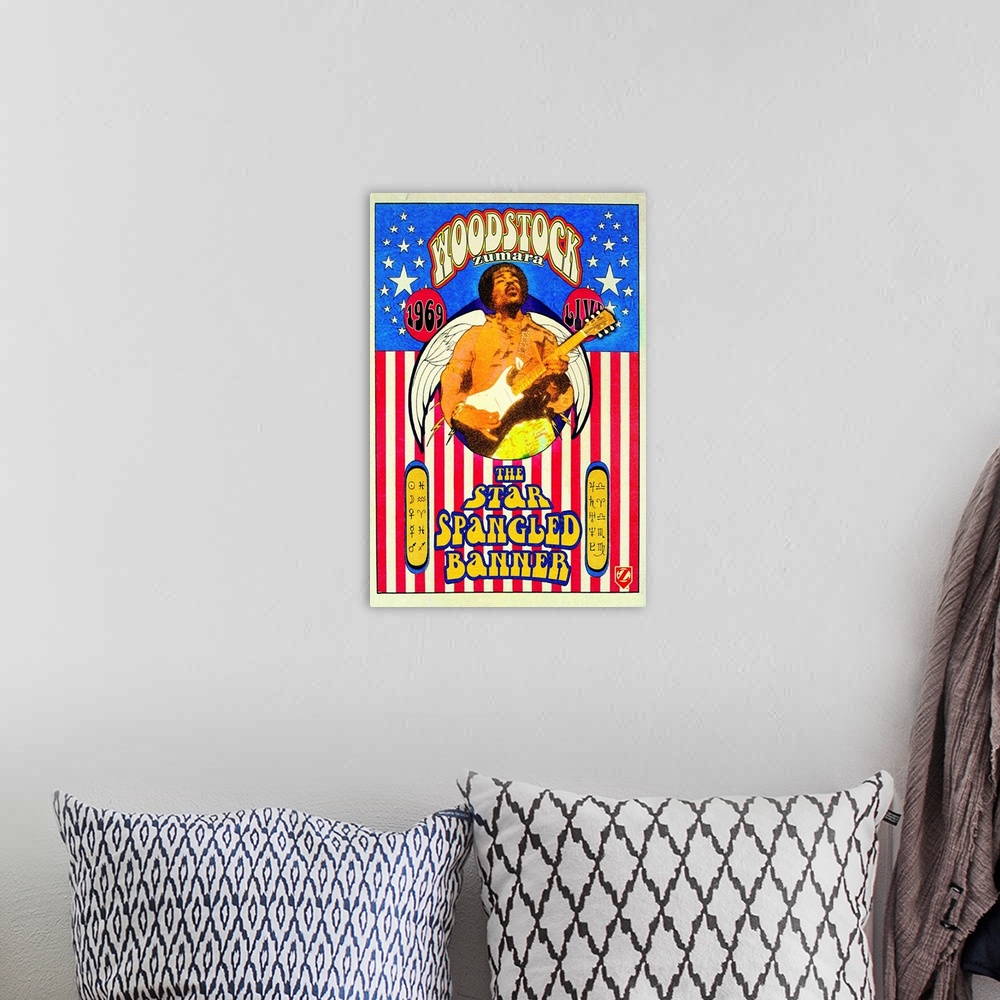 A bohemian room featuring Jimi Hendrix Woodstock Star Spangled Banner