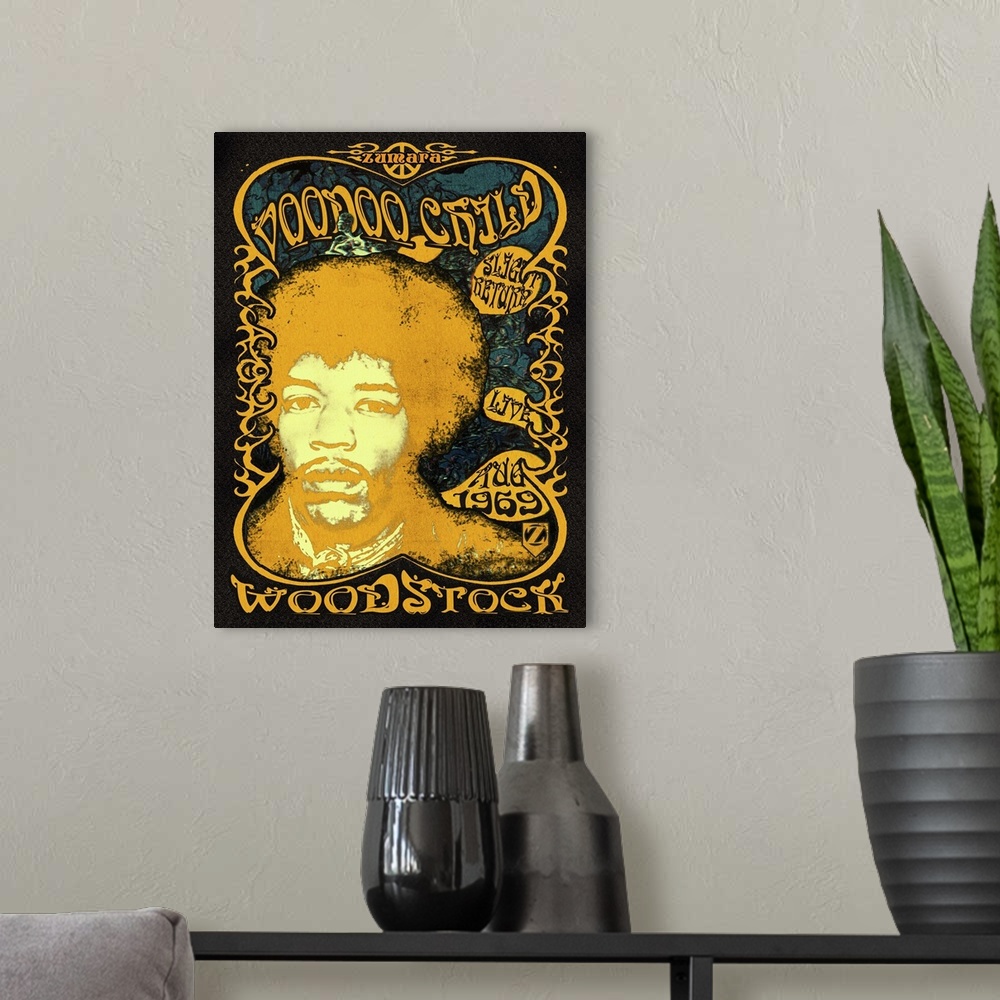 A modern room featuring Jimi Hendrix Woodstock Voodoo Child/Slight Return